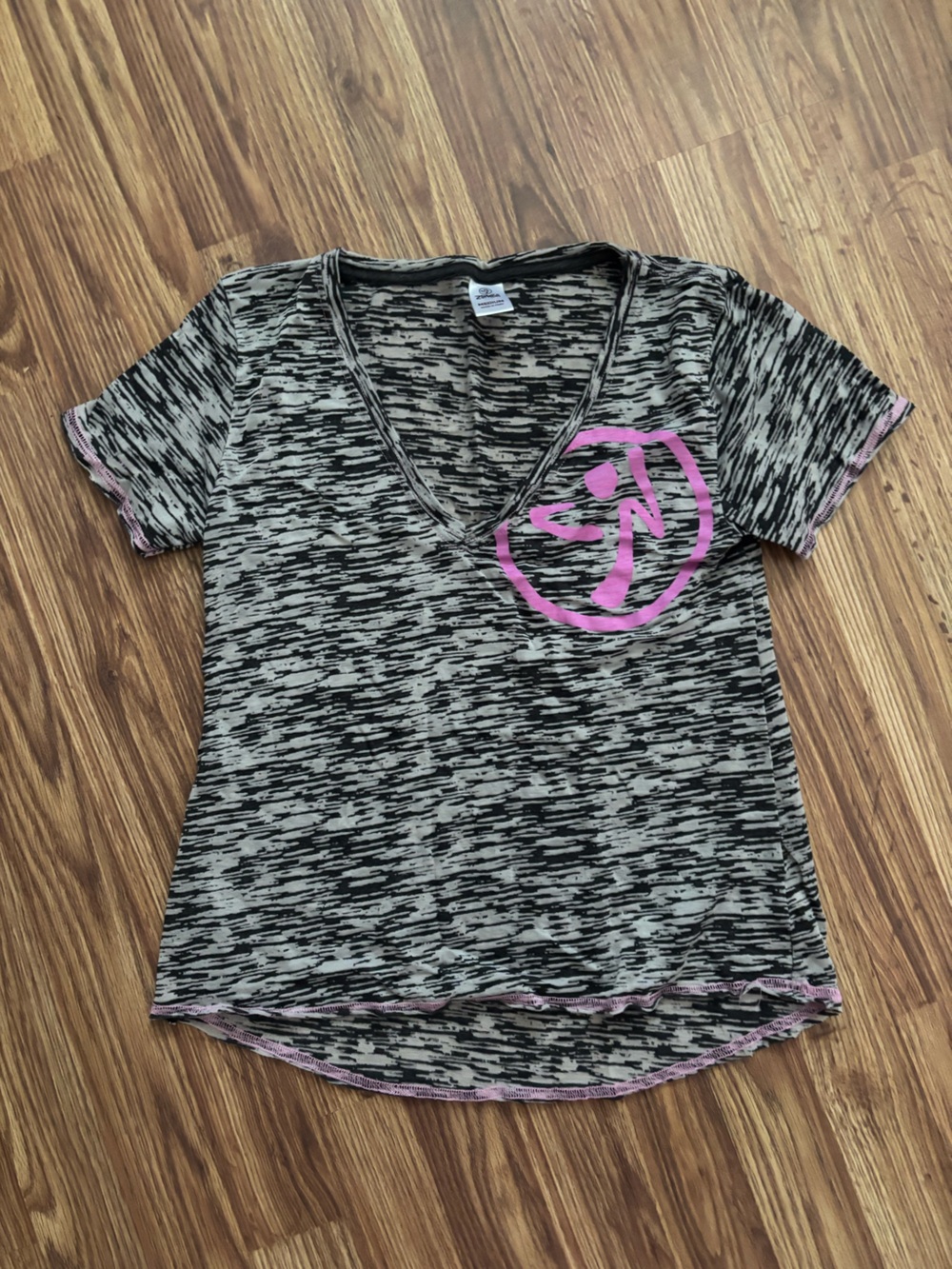 Zumba Women's Black & Gray Space-Dye V-Neck Tee with Pink Accent